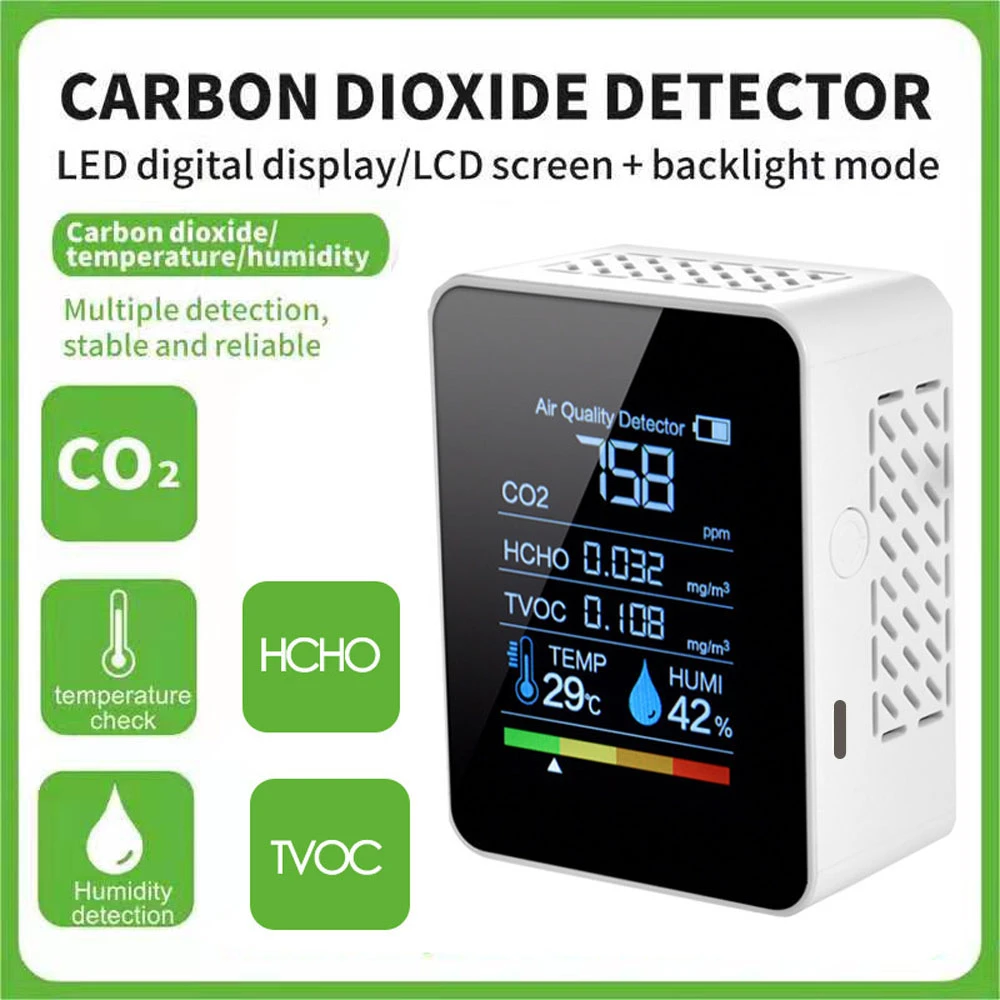 Air Quality Monitor 5in1 Carbon Dioxide CO2 Temp Humi TVOC HCHO Detector White