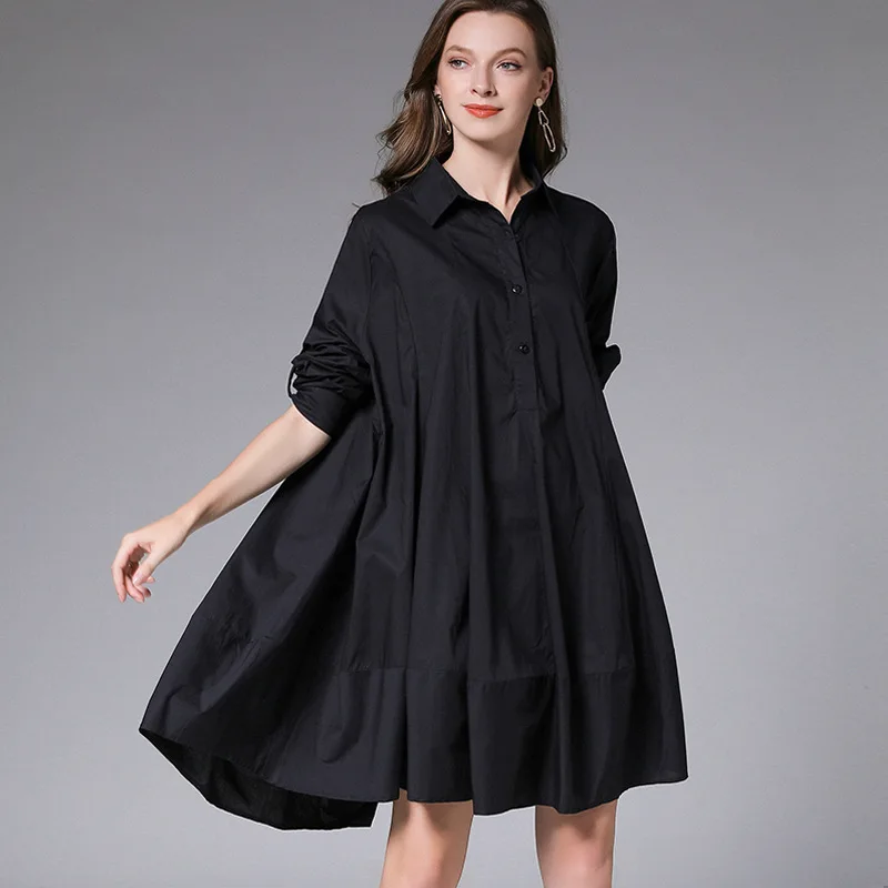 

Spring Fall Long Sleeve Dress Women Casual Dresses Lapel Plain Print Blouse Large Size Blusas Woman Party Dress TA7608