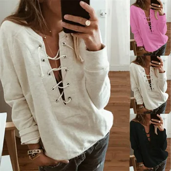 

Women Sweatshirts Autumn Winter Hoodies Long Sleeve Loose Casual Deep V Neck Bandage Pullover Top Female Outwear Plus Size