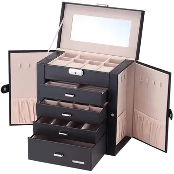 

Synthetic Leather Huge Jewelry Box Mirrored Watch Organizer Necklace Ring Earring Storage Lockable Gift Case Black 2020