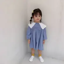 Весна-осень, милое модное Свободное платье с длинными рукавами и матросским воротником для девочек г., Детские хлопковые повседневные милые платья