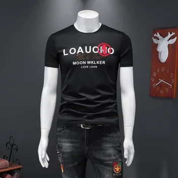 

Fashions T Shirt Men 2020 Summer Cotton LOAUONO Letter Print Rhinestone Casual O-Neck Black t-shirt