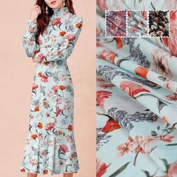 

3Colors! 137CM Wide 6MM Floral Print Thin Black Green Silk Georgette Fabric for Summer Dress Jacket Pants DE1297