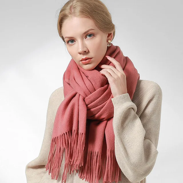Russia 100% Pure Wool Scarf Women Thicken Warm Echarpe Wraps Ladies Foulard Femme Winter Solid Camel Merino Fine Wool Scarves Cameo Pink