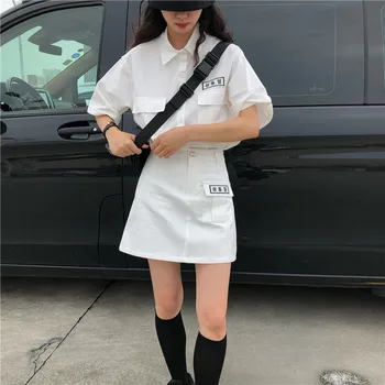 

Korean College Style Summer Suit Vintage Loose Tooling Harajuku Pocket Embroidery Short Sleeve Tops Casual High Waist Skirt Suit