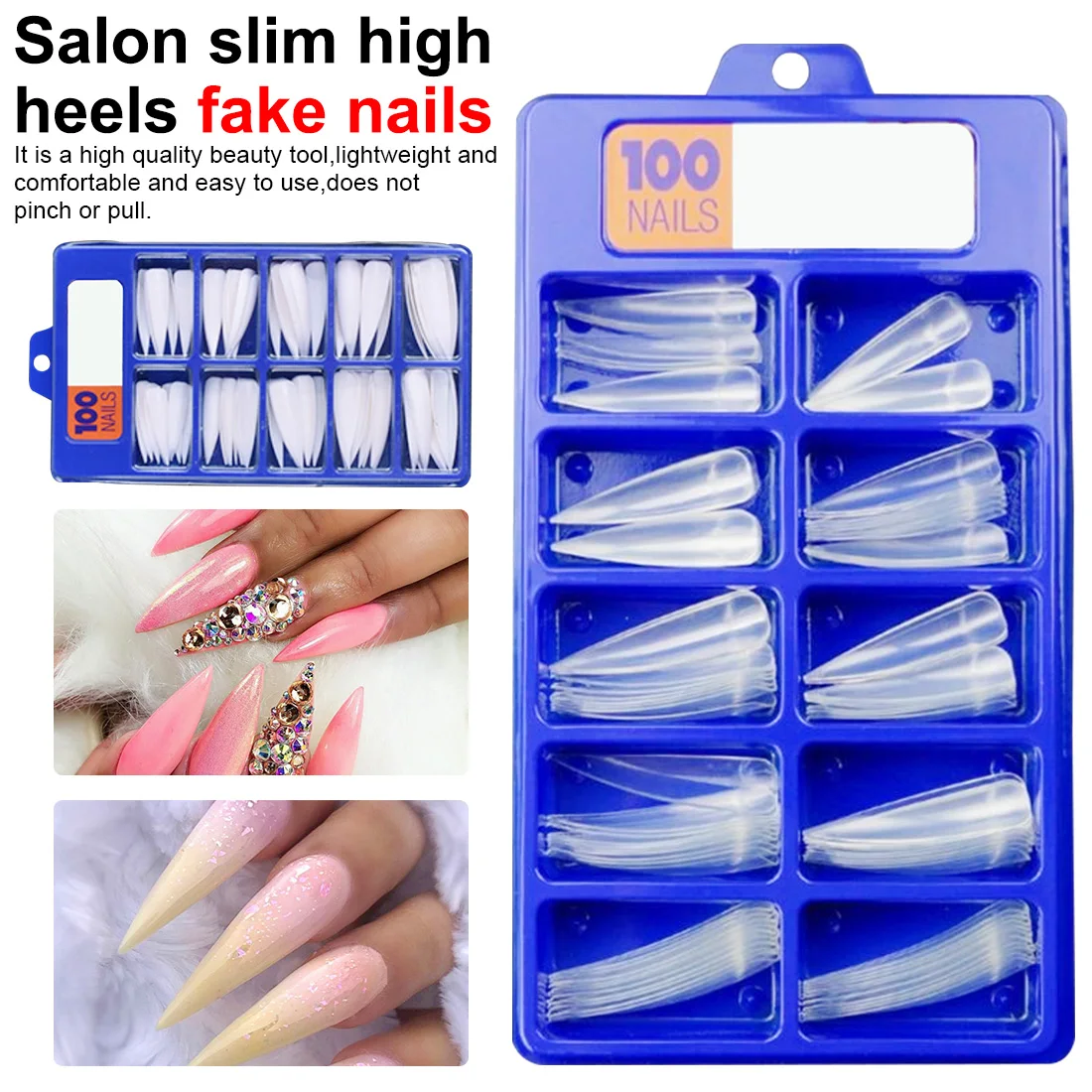 

100Pcs/Lot Artificial White/ Clear Natural Full Cover Tips Nails Salon Stiletto Long False Fake Nails Tips Manicure