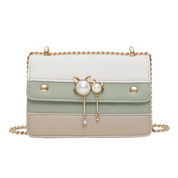 

Famous Brand Crossbody Messenger Bags Women Panelled Pearl Tassel Chain Rivet Strap Shoulder Bag Lady Small Flap Bolsa Feminina