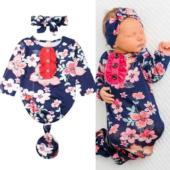

2019 Newborn Baby Boy Girl Swaddle Blanket Wrap Cute Baby Boy Girl Floral Printed Cotton Sleeping Bag Sleep Sacks+Headband 0-6M