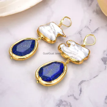 

GuaiGuai Jewelry Cultured White Keshi Pearl Blue Lapis With Gold Plated Lever Back Earrings