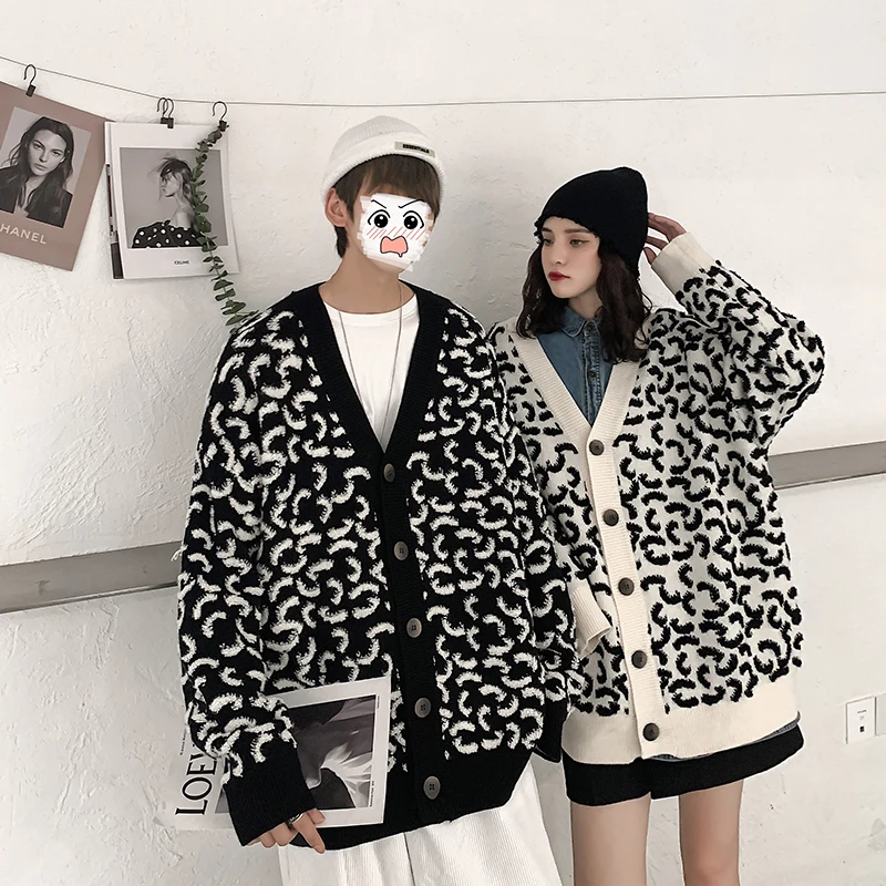 

Milk Cow Pattern Cardigan for Men Clothing Autumn Unisex Knit Button Blouse Vintage V Neck Sweater University Harajuku Pullovers