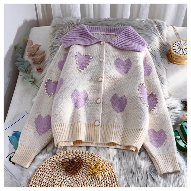 

2020 Women Winter Cardigans Turn Down Collar Pearl Beading Sweet Heart Cute Knit Sweater Kawaii Cardigan Kinitted Tops