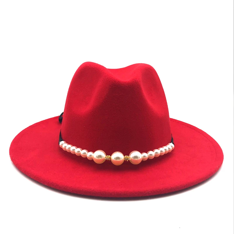 Простая Женская шерстяная шляпа Fedora с жемчужная лента джентльмен элегантный Леди Зима Осень широкий джазования с полями церкви Панама сомбреро