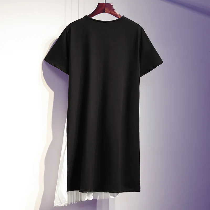 Limiguyue/XL-5XL, большие размеры, Женская хлопковая футболка, летнее модное плиссированное платье с короткими рукавами, украшенное бисером, в стиле пэчворк, Y149