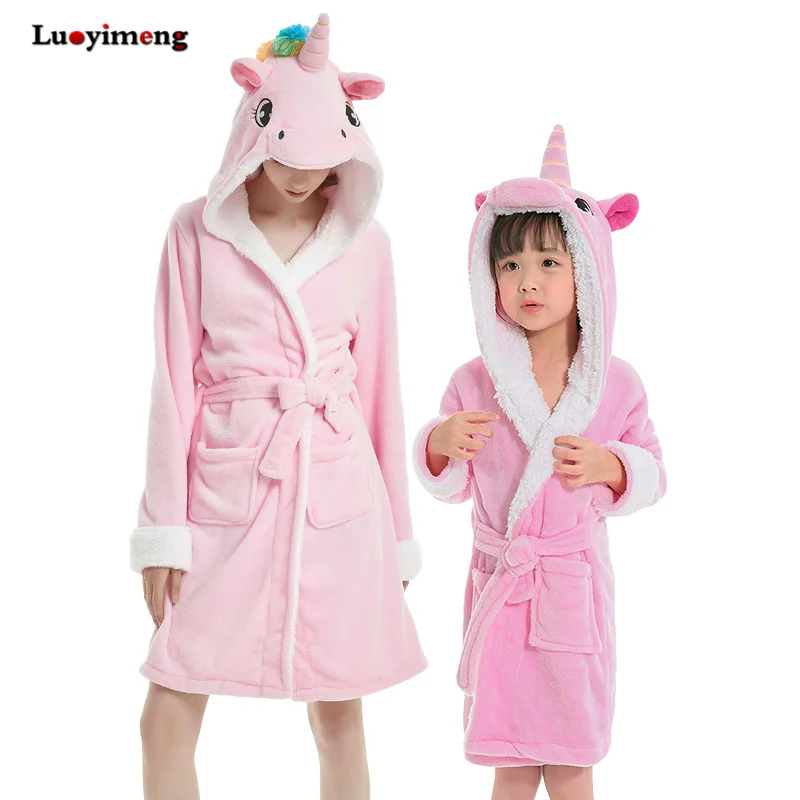 Cartoon Kids Robes Flannel Unicorn Boys Girls Robes Tiger Animal Hooded Bath Long Sleeve Baby Boy Bathrobe Child Clothing