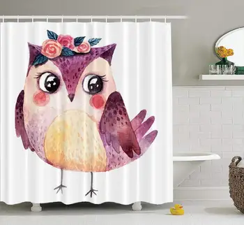 

Shower Curtain, Watercolor Owl with Flowers Woodland Feather Fabric Bathroom Shower Curtain Elegant 72x78 Inch Waterproof