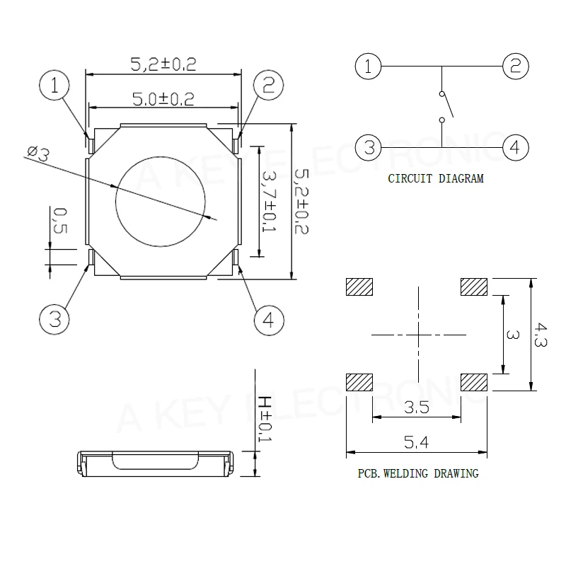 TS-C004C 4 * 4 four pin wrapped U-type light touch switch 5.2 * 5.2 waterproof accessories key connector