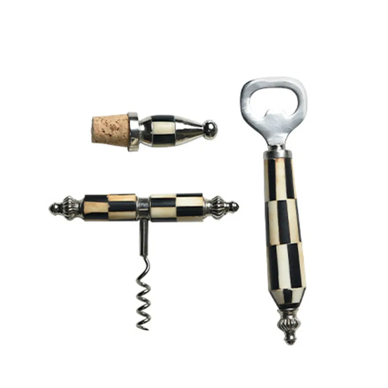 

Handmade Beef Bone Black and White Plaid Corkscrew Set Beer Red Wine Screwdriver Lucky High-End Crafts Wine Accessories