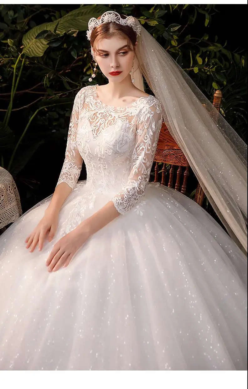 New Sweetheart Three Quarter Elegant Wedding Dress With Sleeve Long Lace Embroidery Train Bridal Gown Plus Size Vestido De Noiva vintage wedding dresses