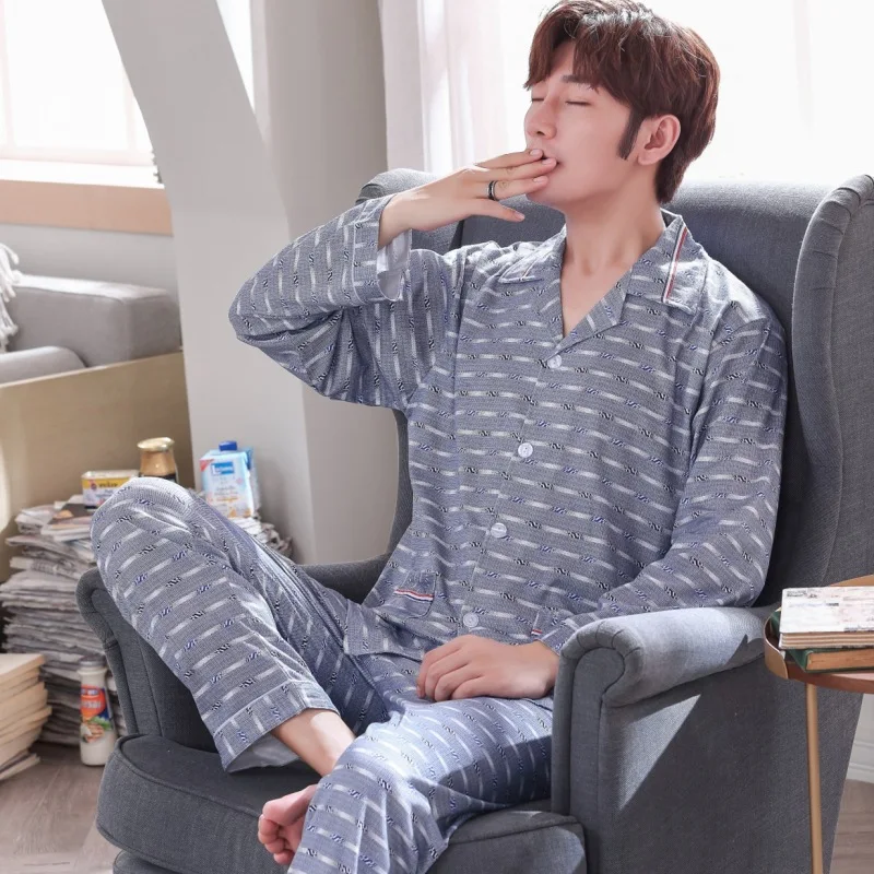 

Men Pajamas Long Sleeve Pure Cotton Spring And Autumn Cardigan Plaid Casual Tracksuit Men's Autumn Set 5656