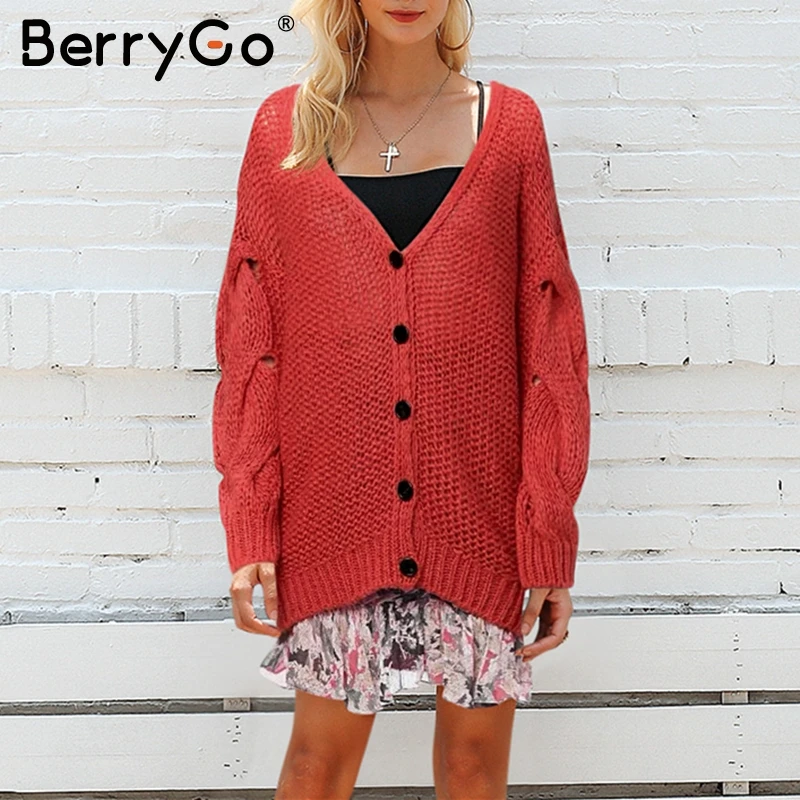 

BerryGo Sexy V-neck buttons mohair red cardigan women Casual hollow out knitted sweaters Autumn winter female long cardigans