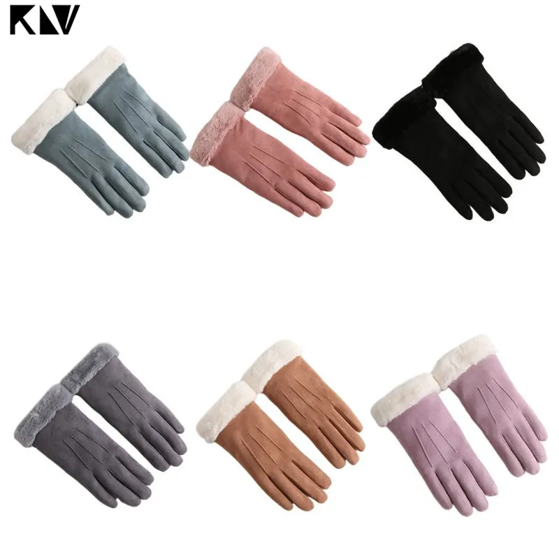 Women Girls Autumn Winter Touchscreen Gloves Solid Color Plush Cuff Thermal Thick Lining Suede Mittens Driving Ski Wrist Warmer