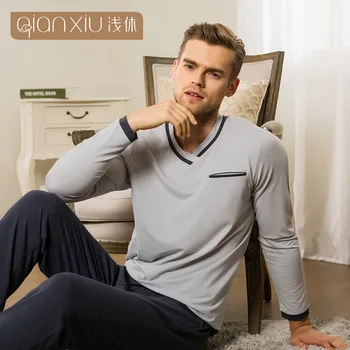 

Spring New Style Pure Cotton Pajamas Men's Long Sleeve Trousers Warm Homewear Set Large Size Couples Pajamas