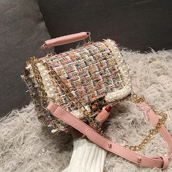 

Fashion New Female Square Tote Bags Quality Woolen Pearl Women Designer Handbag Lady Chain Shoulder Crossbody Messager Bag Purse