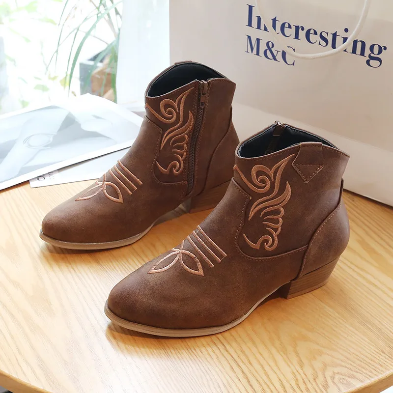 

Women Western Ankle Boots Roman Pointed Casual Booties Spring Autumn Woman Artificial Leather Short Boot Femal Retro Chaussures