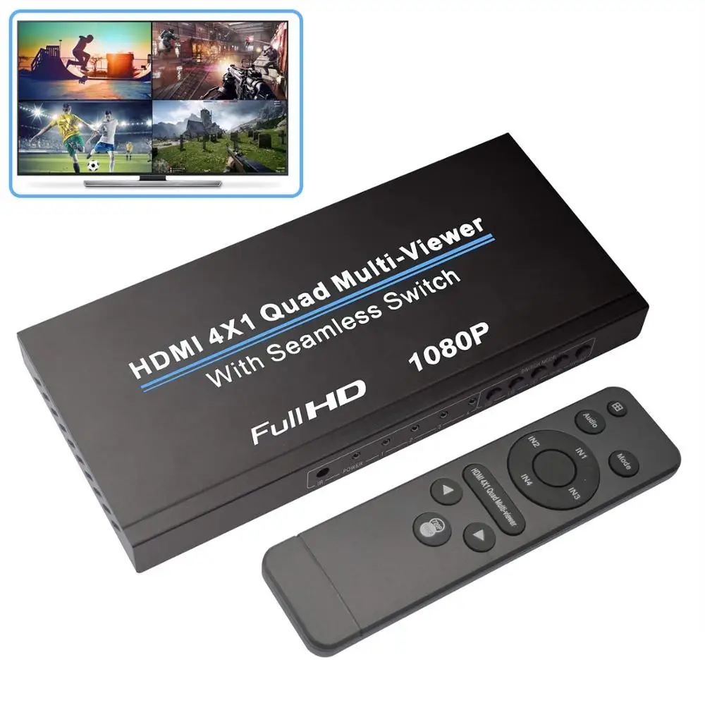 

HDMI Swithcer 4X1HDMI Quad Multi-Viewer HDMI Switcher 1080p HDMI Splitter Seamless IR Control 3D Support 5 Modes for PC/STB/DVD