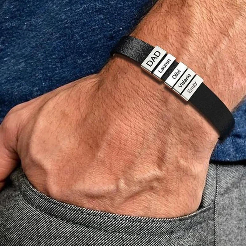 Father's Day Gift Bracelet Custom Leather Bracelets For Men Personalized Family ID Bracelet, Dad's Bracelet With Kids' Names, Men's Mens Bracelet Leather Custom Name Beads Bracelet