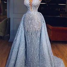 Вечерние платья с длинным вырезом без рукавов, расшитые бисером и блестками, съемная юбка со шлейфом, блестящие вечерние платья для женщин