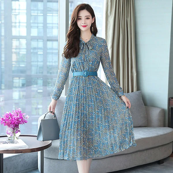 Women Floral Print Long Blue Pleated Dress Autumn Spring Long Sleeve Casual  Vintage Work Dress Korean Slim Elegant Runway Dress - Dresses - AliExpress