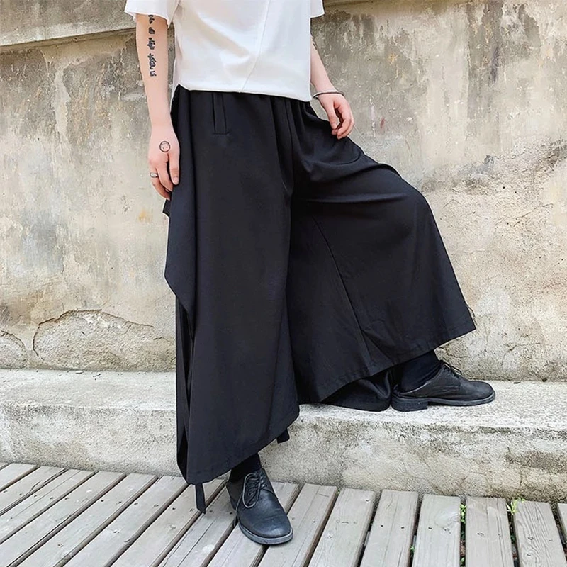 Men's Wide-Leg Pants Spring And Autumn New Style Personality Ribbon Dark Simple Fashion Show Casual Loose Large Size Pants