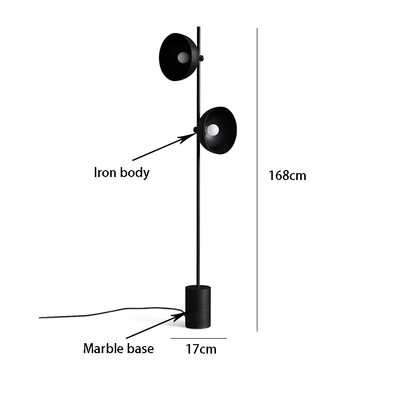 Черный напольный светильник в скандинавском стиле с мраморным основанием, напольные лампы с двойным Рогом, железный художественный светильник для спальни, гостиной, лампы E27 - Цвет абажура: D17cm x H168cm