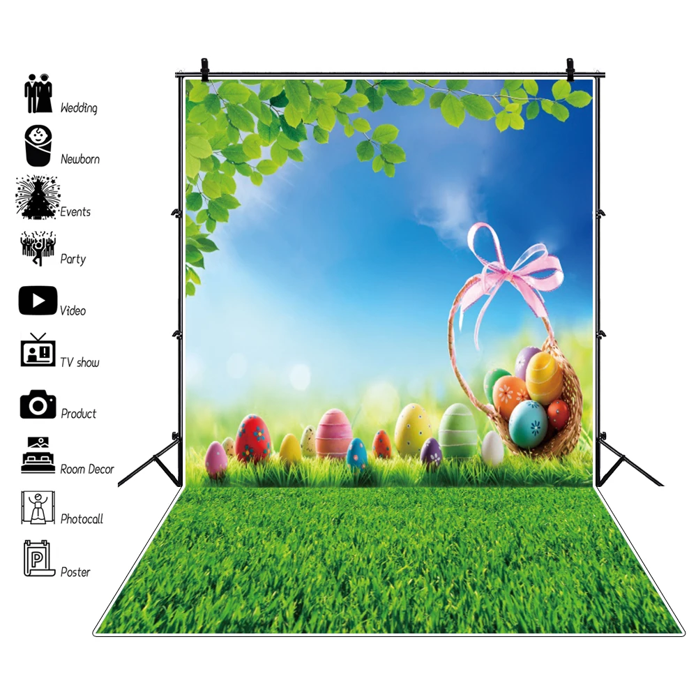 

Laeacco Blue Sky Green Leaves Grassland Easter Eggs Basket Baby Newborn Spring Portrait Photography Backdrops Photo Backgrounds