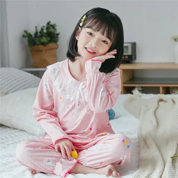 

Children Cartoon Pajamas Suit Nightwear Pink Print Homewear Spring New Girl Sleep Set Thin Lace Cute Home Clothing Sleepwear