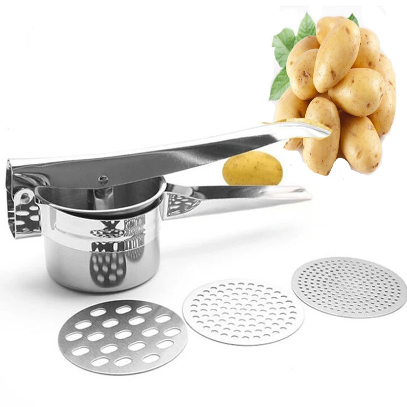 

Stainless Steel Potato Ricer with 3 Interchangeable Fineness Discs Silicone Grip Handles