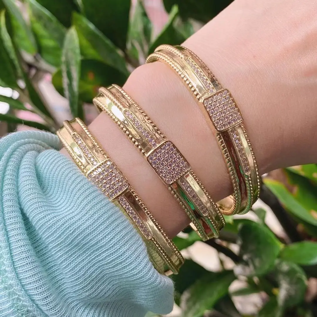 

3PCS, Ethnic Geometric Bangle For Women Gold-color CZ Zircon Charm Bracelets & Bangles Girl Party Gift
