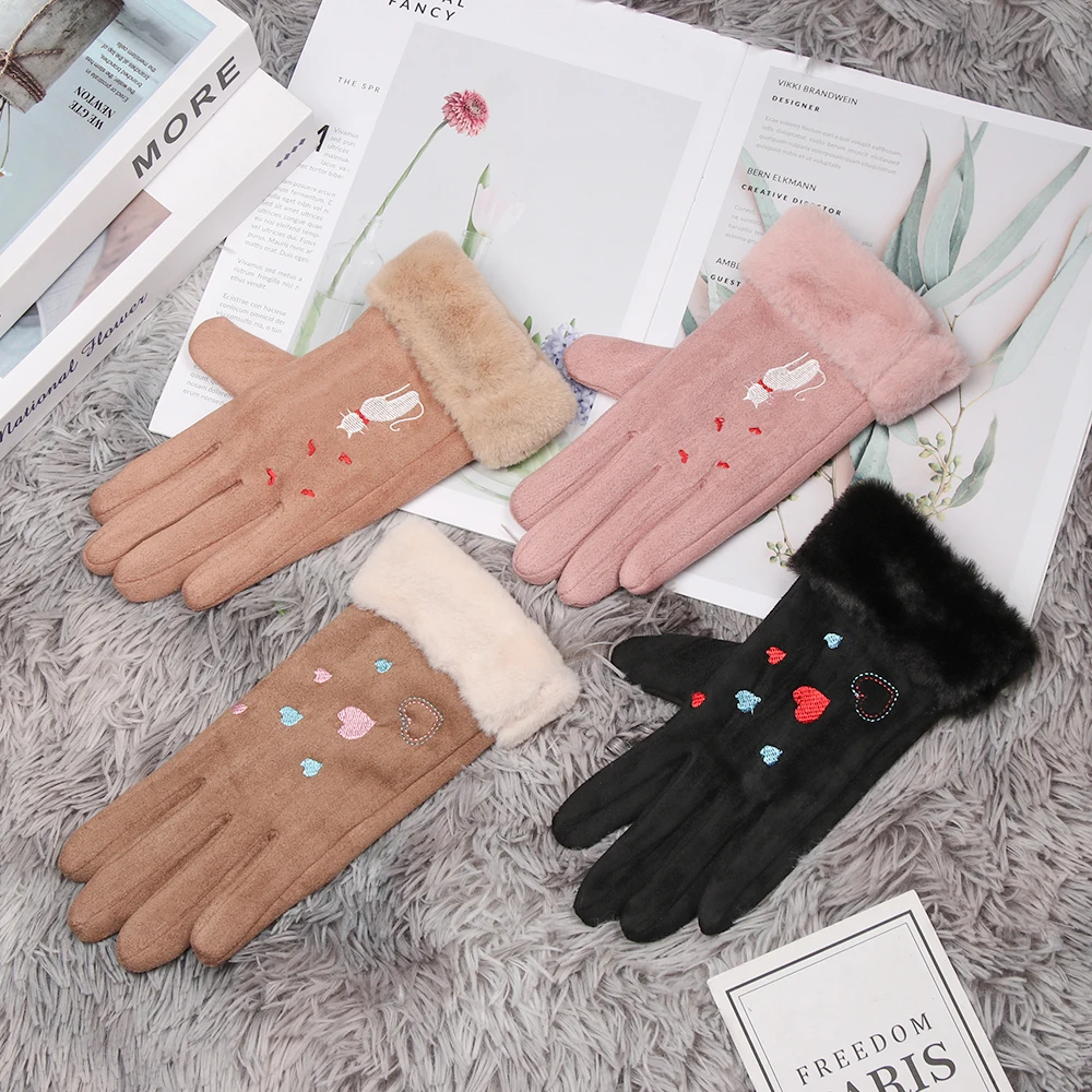 1 пара, модные милые Утепленные перчатки из искусственной замши, бархатные ветрозащитные рукавицы с сенсорным экраном, женские зимние перчатки для девочек