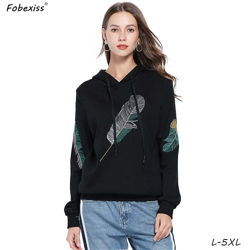 

Plus Size Black Hoodies Women 5XL Feather Embroidery Fall Pullover Casual Loose Sweatshirt 2019 Autumn Winter Chic Women Hoodies