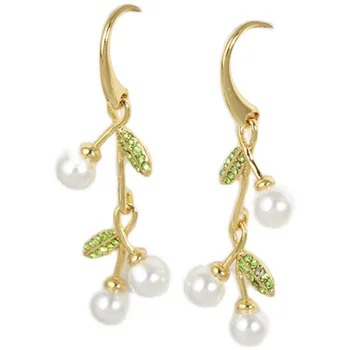 

European and American small fresh color enamel green leaves inlaid pearls elegant gentle temperament tassel earrings women