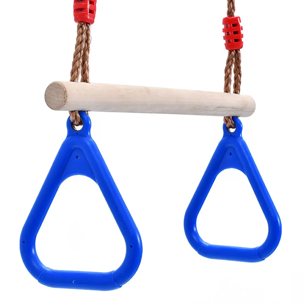 Playground Children's Wooden Trapeze Swing Bar with Plastic Gym Rings