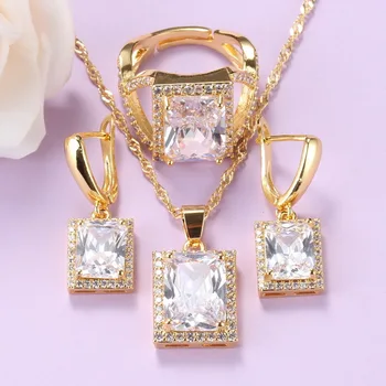 

Yellow-Gold Color Jewelry Sets For African Women Wedding Costume White Cubic Zirconia Earrings And Rings Necklace Sets