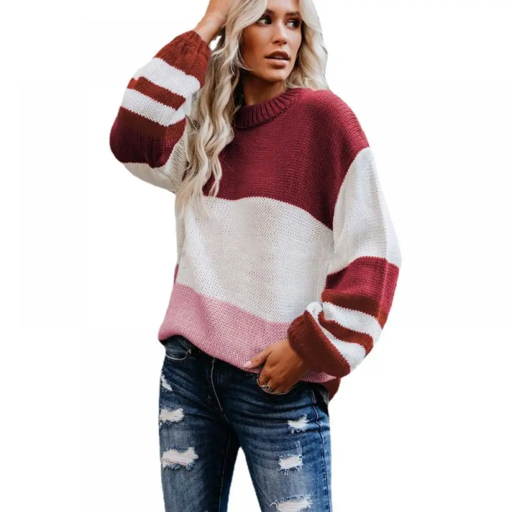 Women Winter Sweater Pullover 2021Round Neck Long Sleeve Black Sweater Jumper Loose Knitted Casual Stripe Knitwear Top Sweather