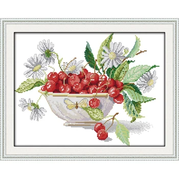 

Everlasting Love Cherry Fruit Bowl Chinese Cross Stitch Kits Ecological Cotton Fabric DIY Christmas Decorations For Home Gift
