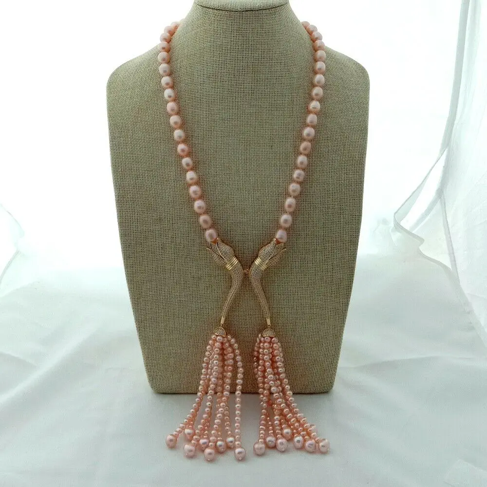 

23'' Pink Pearl Accessory Tassel Necklace Jewelry CZ Pendant
