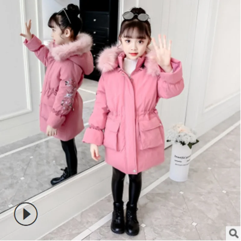 

Girls Hand Stuffed Cotton Coat 2019 Winter Children's Kids Thickening Medium Section 2 Embroidery Solid Colors Size4-14 ly298