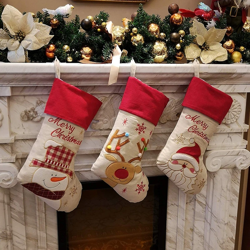 Милый Рождественский набор чулок 3 Санта, снеговик, олень, Рождественский персонаж 3D плюшевый льняной висячий бирка вязаная кайма