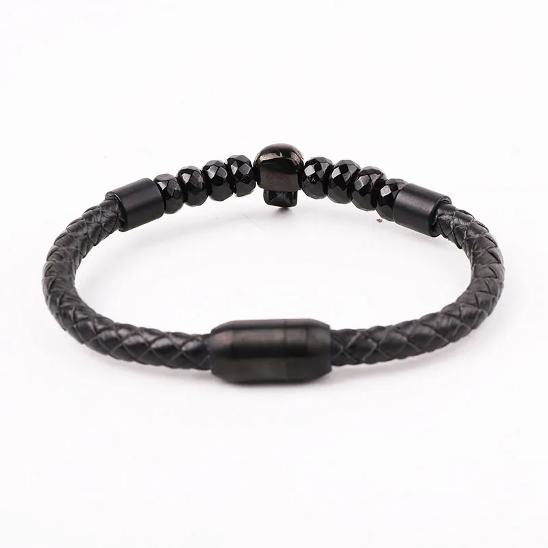 High Quality 316L Stainless Steel Clasp Helmet Skull Charm Genuine Leather Bracelet Men Jewelry Gift - Image 3