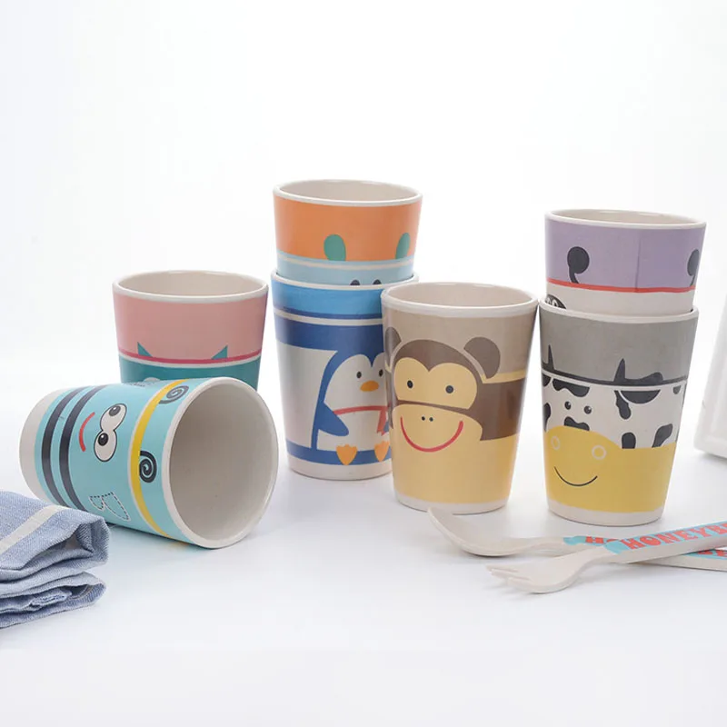 5pcs/set Cartoon Animal Plate+Bow+Fork+Cup Baby Dinnerware Feeding Set Bamboo Fiber Baby Children Container Tableware Set